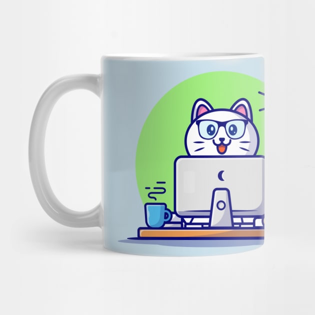 Cute Cat Working On Computer With Coffee Cup Cartoon Vector Icon Illustration by Catalyst Labs